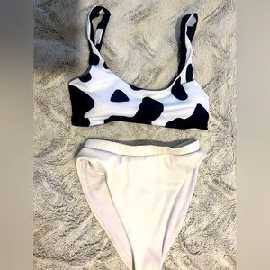 two piece bathing suit w/ cow print top, high waisted bottoms